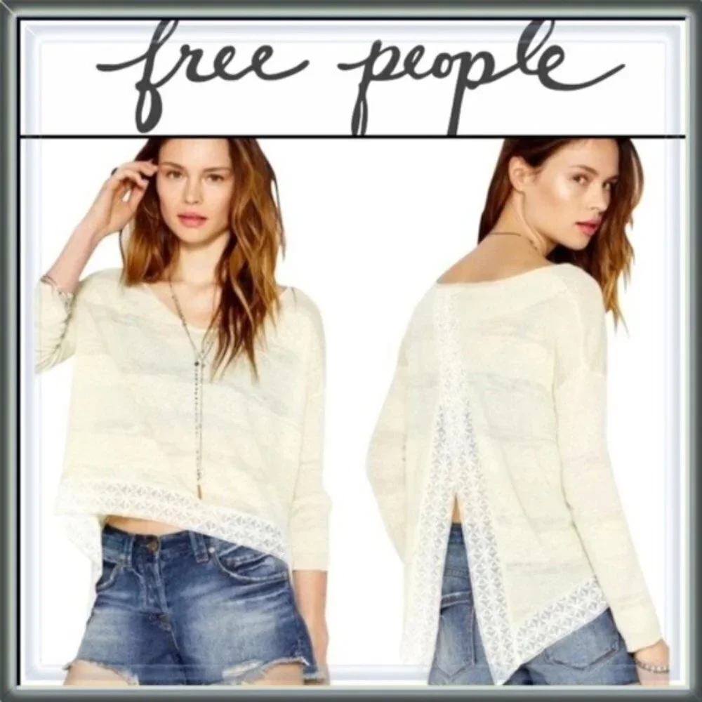 FREE PEOPLE Pebble Dash Envelope Open Back Top Split Back Long Sleeve Lace S M